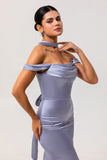 Dusty Blue Sheath Backless Convertible Satin Long Bridesmaid Dress with Slit