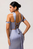 Dusty Blue Sheath Backless Convertible Satin Long Bridesmaid Dress with Slit