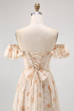 Champagne Flower A-Line Off The Shoulder Corset Bridesmaid Dress with Slit