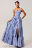 Blue A-Line Sweetheart Pearls Rose Brocade Long Jacquard Dress with Slit