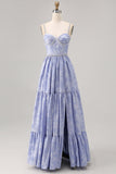 Sweetheart A-Line Pearls Beaded Maxi Jacquard Blue Prom Dress with Slit