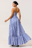 Sweetheart A-Line Pearls Beaded Maxi Jacquard Blue Prom Dress with Slit