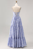 Blue A-Line Sweetheart Pearls Rose Brocade Long Jacquard Dress with Slit