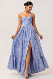 Blue A-Line Sweetheart Pearls Rose Brocade Long Jacquard Dress with Slit
