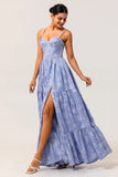 Blue A-Line Sweetheart Pearls Rose Brocade Long Jacquard Dress with Slit