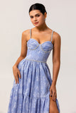 Blue A-Line Sweetheart Pearls Rose Brocade Long Jacquard Dress with Slit