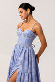 Blue A-Line Sweetheart Pearls Rose Brocade Long Jacquard Dress with Slit