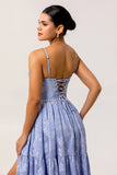 Blue A-Line Sweetheart Pearls Rose Brocade Long Jacquard Dress with Slit