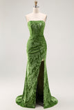 Peacock Green Sheath Strapless Corset Long Burnout Velvet Dress with Slit