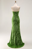Peacock Green Sheath Strapless Corset Long Burnout Velvet Dress with Slit
