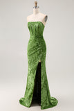 Peacock Green Sheath Strapless Corset Long Burnout Velvet Dress with Slit