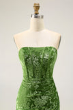 Peacock Green Sheath Strapless Corset Long Burnout Velvet Dress with Slit