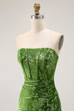 Peacock Green Sheath Strapless Corset Long Burnout Velvet Dress with Slit