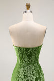 Peacock Green Sheath Strapless Corset Long Burnout Velvet Dress with Slit