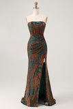 Peacock Green Sheath Strapless Corset Long Burnout Velvet Dress with Slit