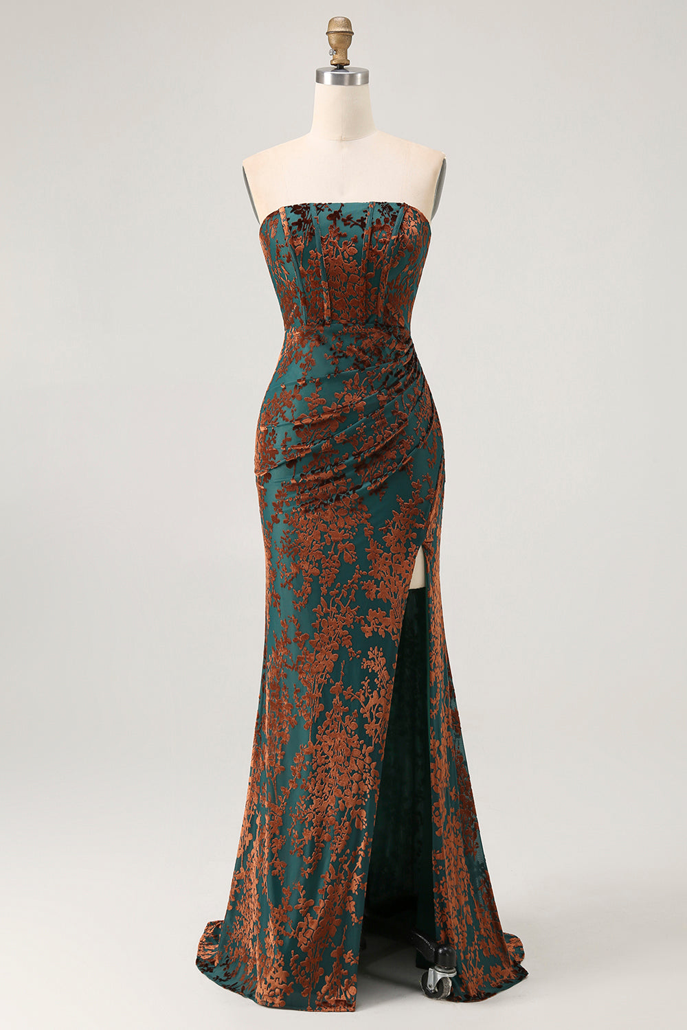 WEDTREND Women Pine Burnout Floral Velvet Dress with Slit Strapless Sheath Floor Length Wedding Guest Dress, Peacock Green / US26W