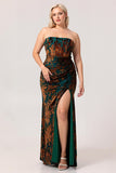 Dark Green Sheath Strapless Burnout Velvet Corset Maxi Plus Size Dress with Slit