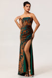 Dark Green Sheath Strapless Burnout Velvet Corset Maxi Plus Size Dress with Slit