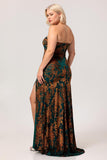 Dark Green Sheath Strapless Burnout Velvet Corset Maxi Plus Size Dress with Slit