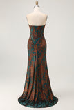Peacock Green Strapless Sheath Velvet Burnout Floral Maxi Dress with Slit