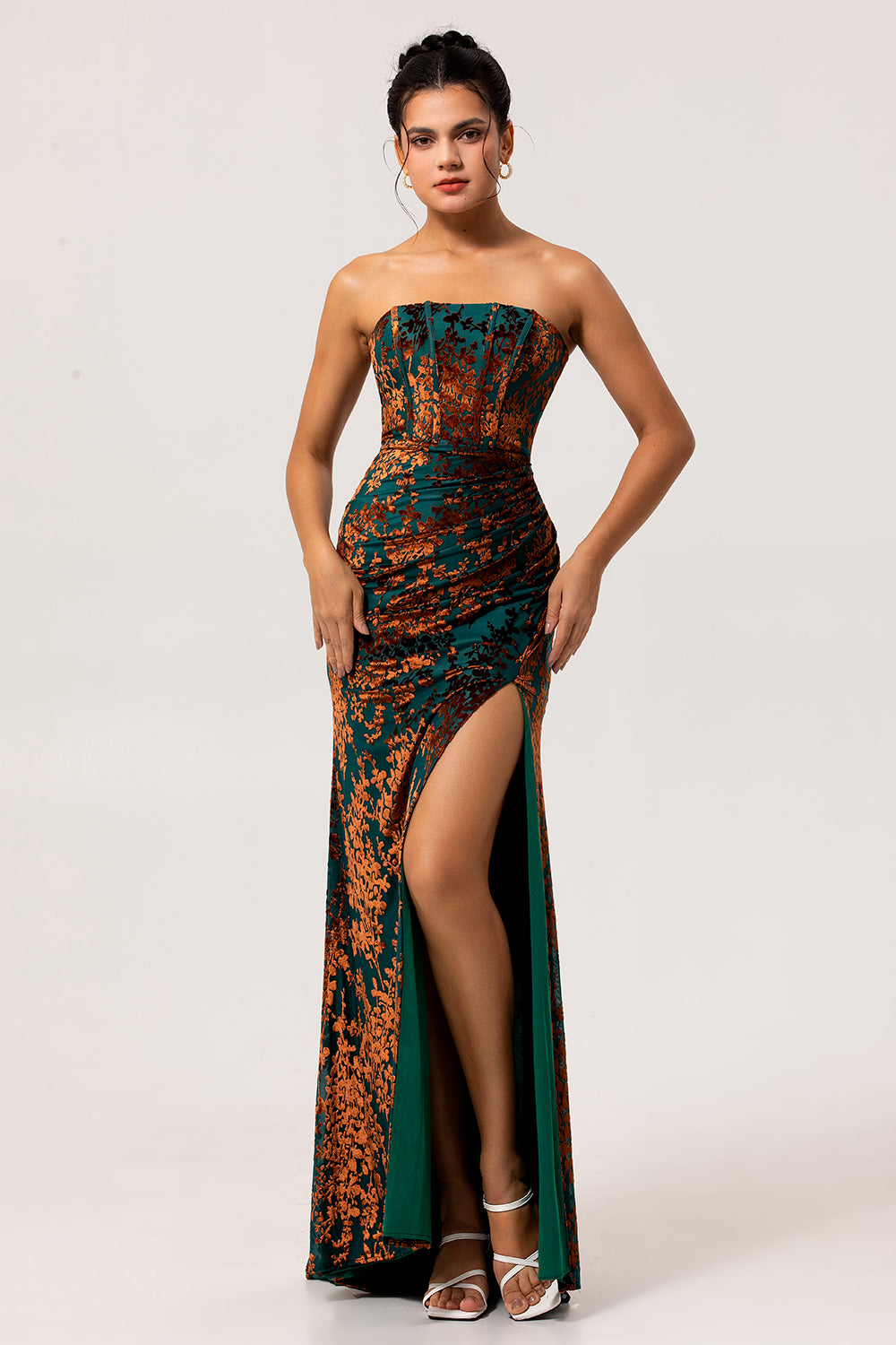 WEDTREND Women Peacock Green Long Burnout Velvet Dress with Slit Sheath Strapless Corset Bridesmaid Dress WEDTREND Women Peacock Green Long Burnout Velvet Dress with Slit Sheath Strapless Corset Bridesmaid Dress