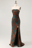 Peacock Green Strapless Sheath Velvet Burnout Floral Maxi Dress with Slit