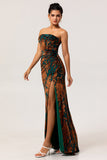 Dark Green Sheath Strapless Burnout Velvet Corset Maxi Plus Size Dress with Slit