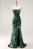 Peacock Green Sheath Strapless Corset Long Burnout Velvet Dress with Slit