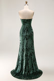 Peacock Green Sheath Strapless Corset Long Burnout Velvet Dress with Slit