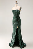 Peacock Green Sheath Strapless Corset Long Burnout Velvet Dress with Slit