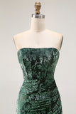 Peacock Green Sheath Strapless Corset Long Burnout Velvet Dress with Slit