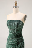 Peacock Green Sheath Strapless Corset Long Burnout Velvet Dress with Slit