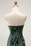 Peacock Green Sheath Strapless Corset Long Burnout Velvet Dress with Slit