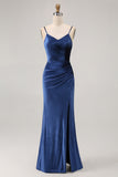 Dark Blue Sheath Spaghetti Straps V Neck Velvet Long Bridesmaid Dress with Slit