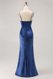 Dark Blue Sheath Spaghetti Straps V Neck Velvet Long Bridesmaid Dress with Slit