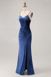 Dark Blue Sheath Spaghetti Straps V Neck Velvet Long Bridesmaid Dress with Slit