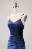 Dark Blue Sheath Spaghetti Straps V Neck Velvet Long Bridesmaid Dress with Slit