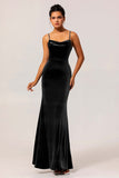Dark Blue Mermaid Cowl Neck Backless Velvet Long Bridesmaid Dress