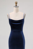 Dark Blue Mermaid Cowl Neck Velvet Long Bridesmaid Dress with Open Back