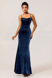 Dark Blue Mermaid Cowl Neck Backless Velvet Long Bridesmaid Dress