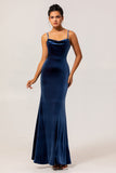 Dark Blue Mermaid Cowl Neck Backless Velvet Long Bridesmaid Dress