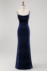 Dark Blue Mermaid Cowl Neck Velvet Long Bridesmaid Dress with Open Back