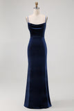 Dark Blue Mermaid Cowl Neck Velvet Long Bridesmaid Dress with Open Back