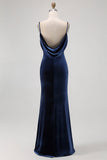 Dark Blue Mermaid Cowl Neck Velvet Long Bridesmaid Dress with Open Back