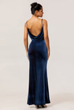 Dark Blue Mermaid Cowl Neck Backless Velvet Long Bridesmaid Dress