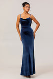 Dark Blue Mermaid Cowl Neck Velvet Long Bridesmaid Dress with Open Back