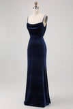 Dark Blue Mermaid Cowl Neck Velvet Long Bridesmaid Dress with Open Back