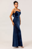 Dark Blue Mermaid Cowl Neck Backless Velvet Long Bridesmaid Dress