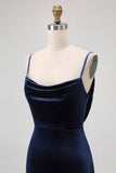 Dark Blue Mermaid Cowl Neck Velvet Long Bridesmaid Dress with Open Back