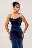 Dark Blue Mermaid Cowl Neck Backless Velvet Long Bridesmaid Dress